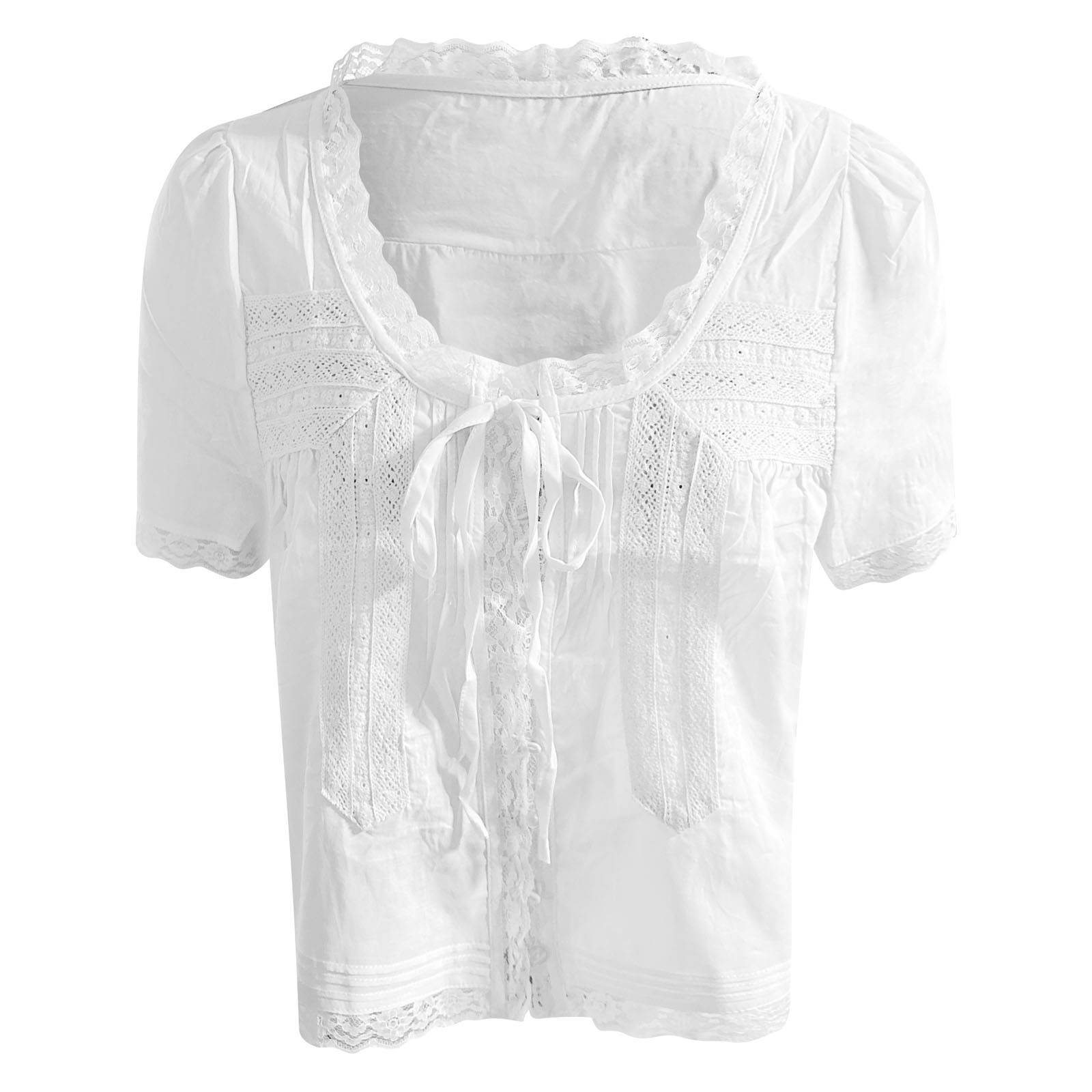 thumbnail image 5 of Camiseta de encaje con aberturas para mujer a la moda - Cuello redondo, lazo y manga corta, 5 of 6